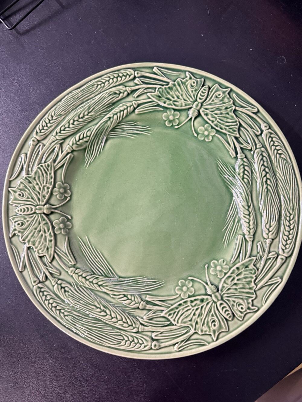 Vintage Bordallo Pinheiro Green Majolica Butterfly Wheat Plate